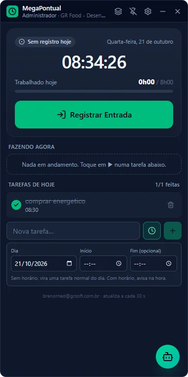 Widget do Windows com o ponto, a tarefa em andamento e as tarefas de hoje